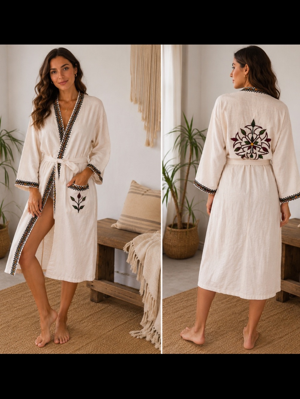 Vintage Cream Embroidered Cotton Robe Kaftan Boho Festival Duster Wrap Dress